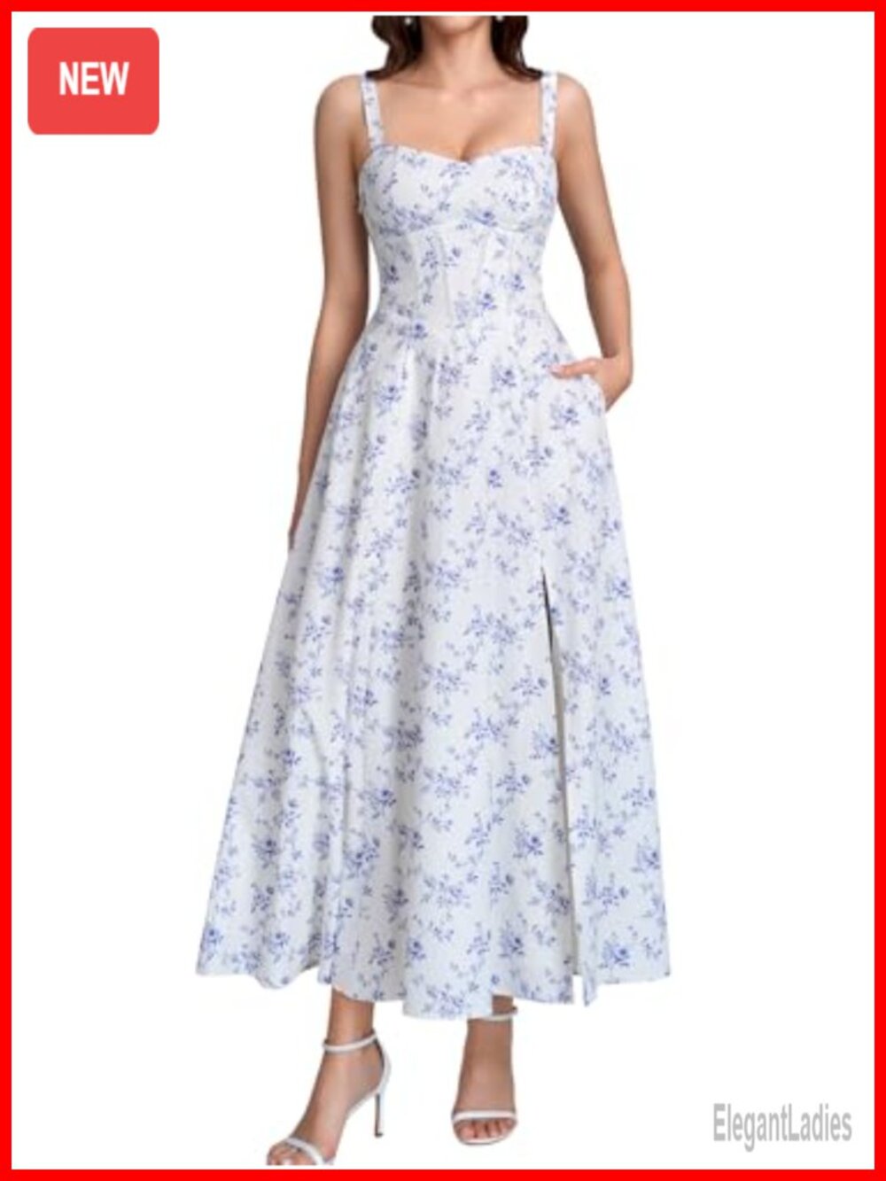 Parthea Floral Corset Midi Dress with Lace Waist and Slit for Women